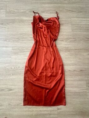 Rust Red Cowl Slip Midi Dress